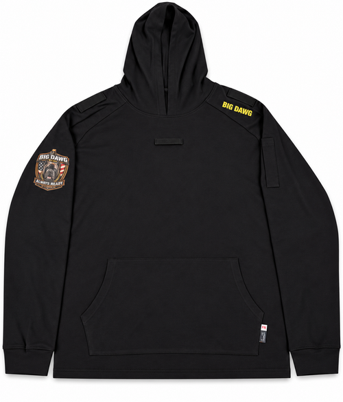 Black BIG DAWG Hound Edition hoodie, front view with shoulder tabs and plain sleeve utility pocket