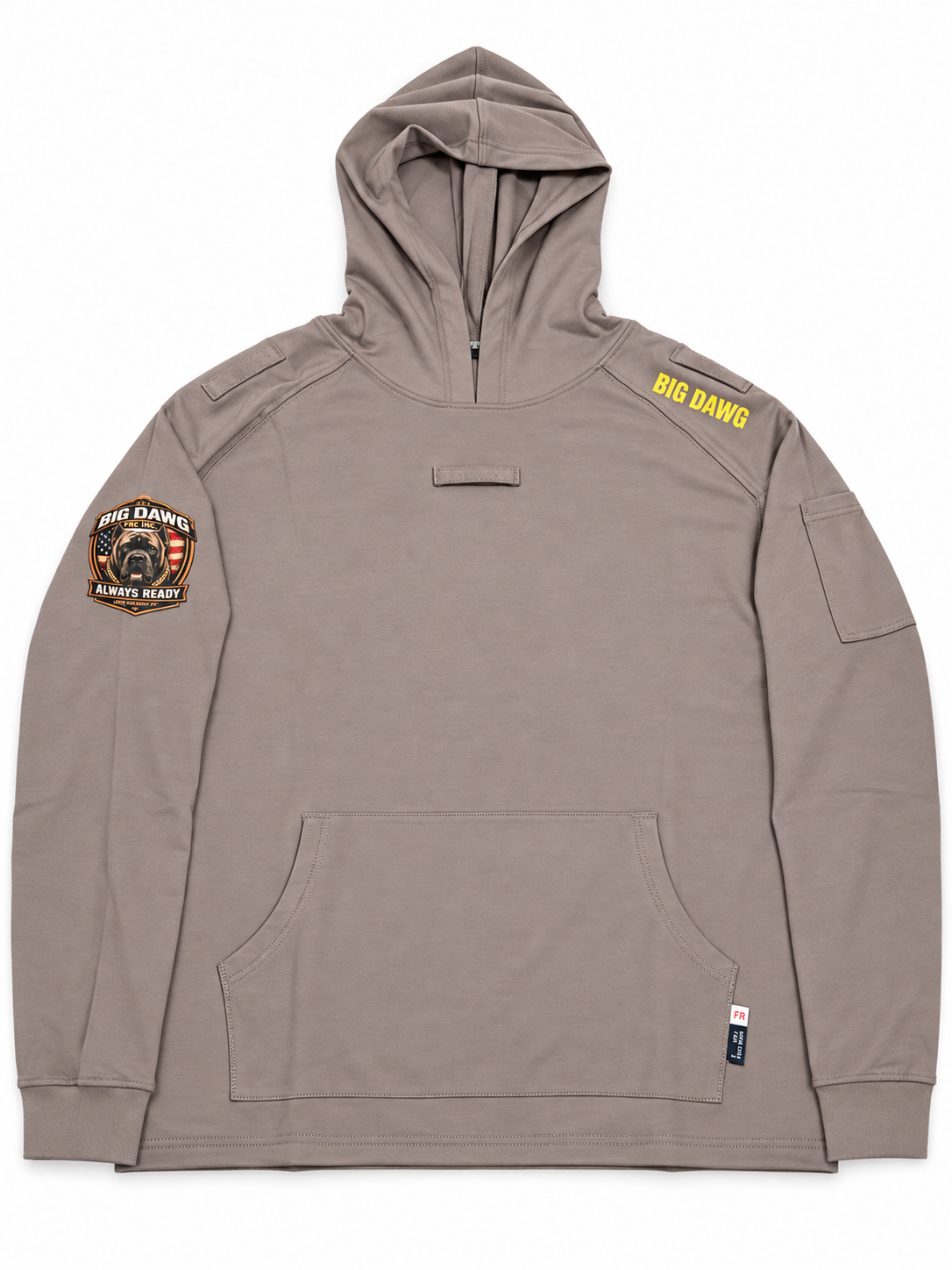 Grey BIG DAWG Hound Edition hoodie, front view with shoulder tabs and plain sleeve utility pocket