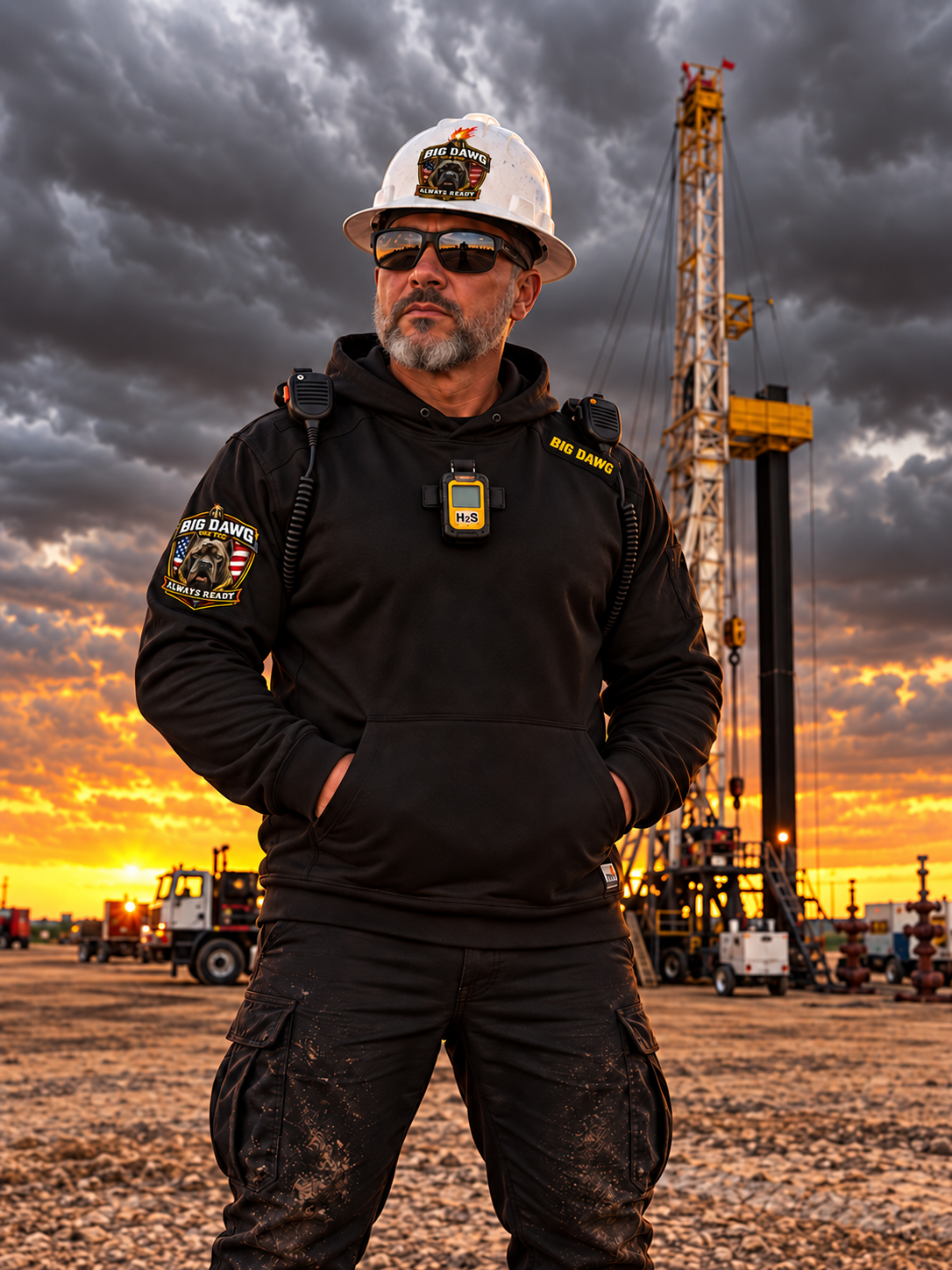 Hound Edition hoodie at an oilfield sunset